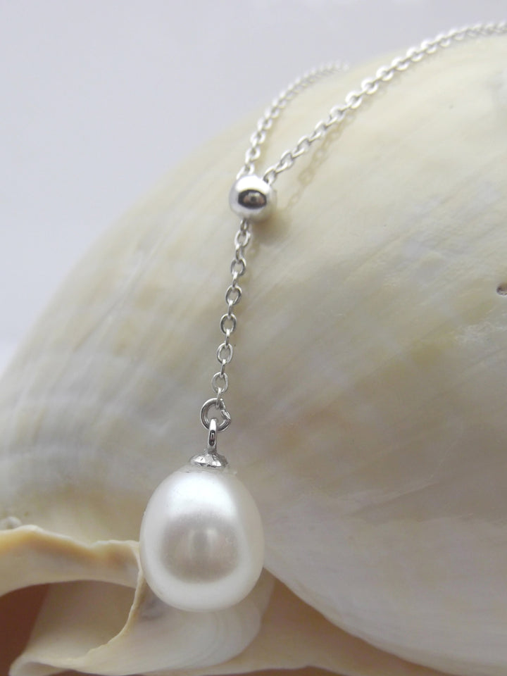 Lariat Sterling Silver Ball White Pearl Pendant Necklace
