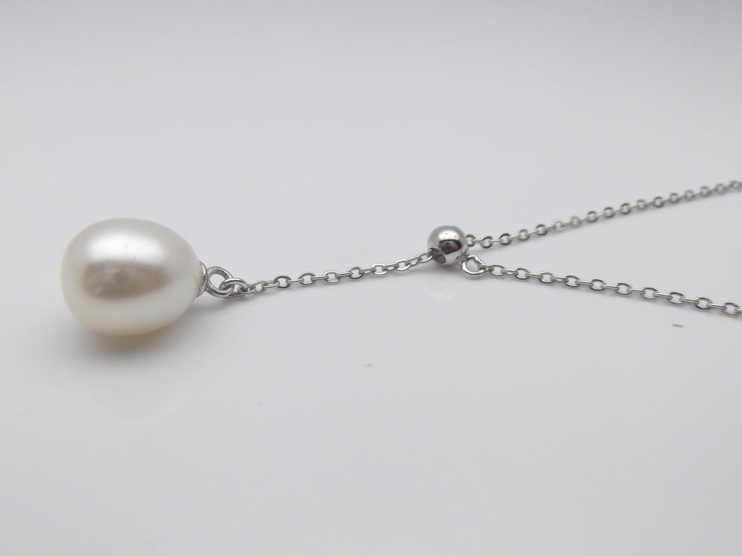 Lariat Sterling Silver Ball White Pearl Pendant Necklace