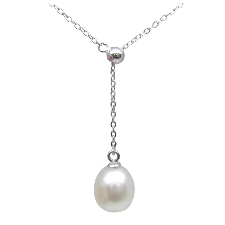 Lariat Sterling Silver Ball White Pearl Pendant Necklace
