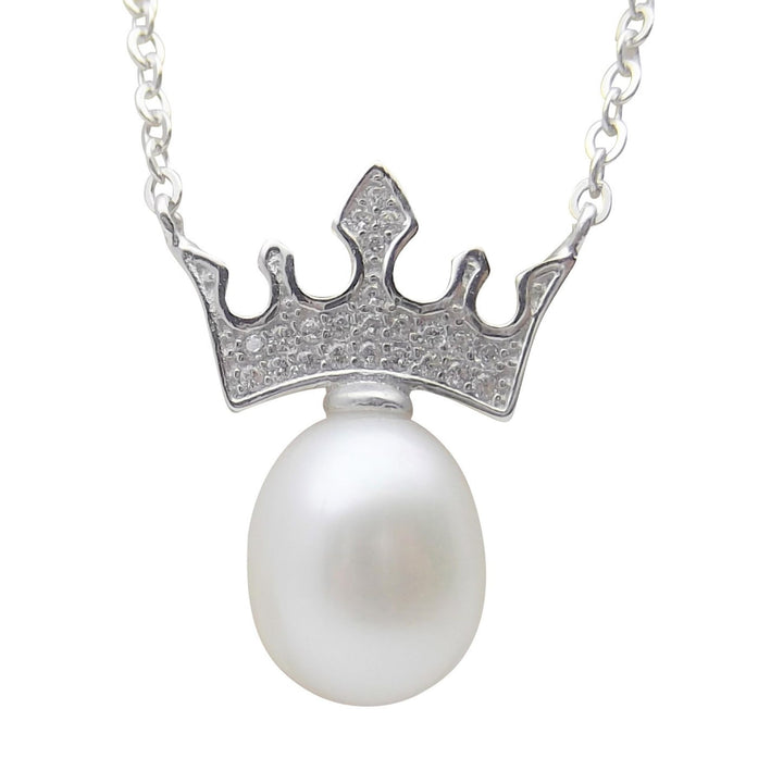 8.5mm Sterling Silver Crown White Pearl Pendant Necklace