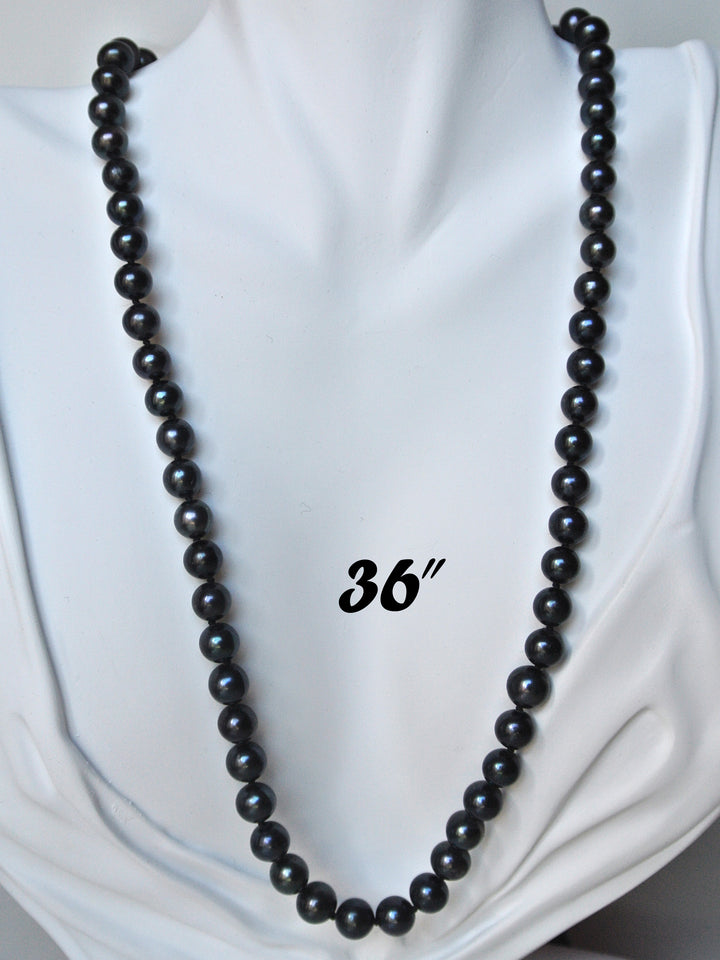 Long 36 Inch ROUND Black Pearl Set Necklace Bracelet Earrings
