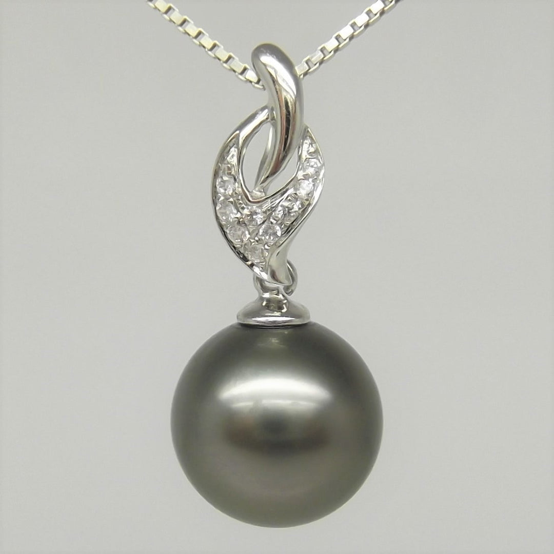 AAAA+ 9.69mm Black Tahitian Pearl Pendant 14K White Gold 0.32g