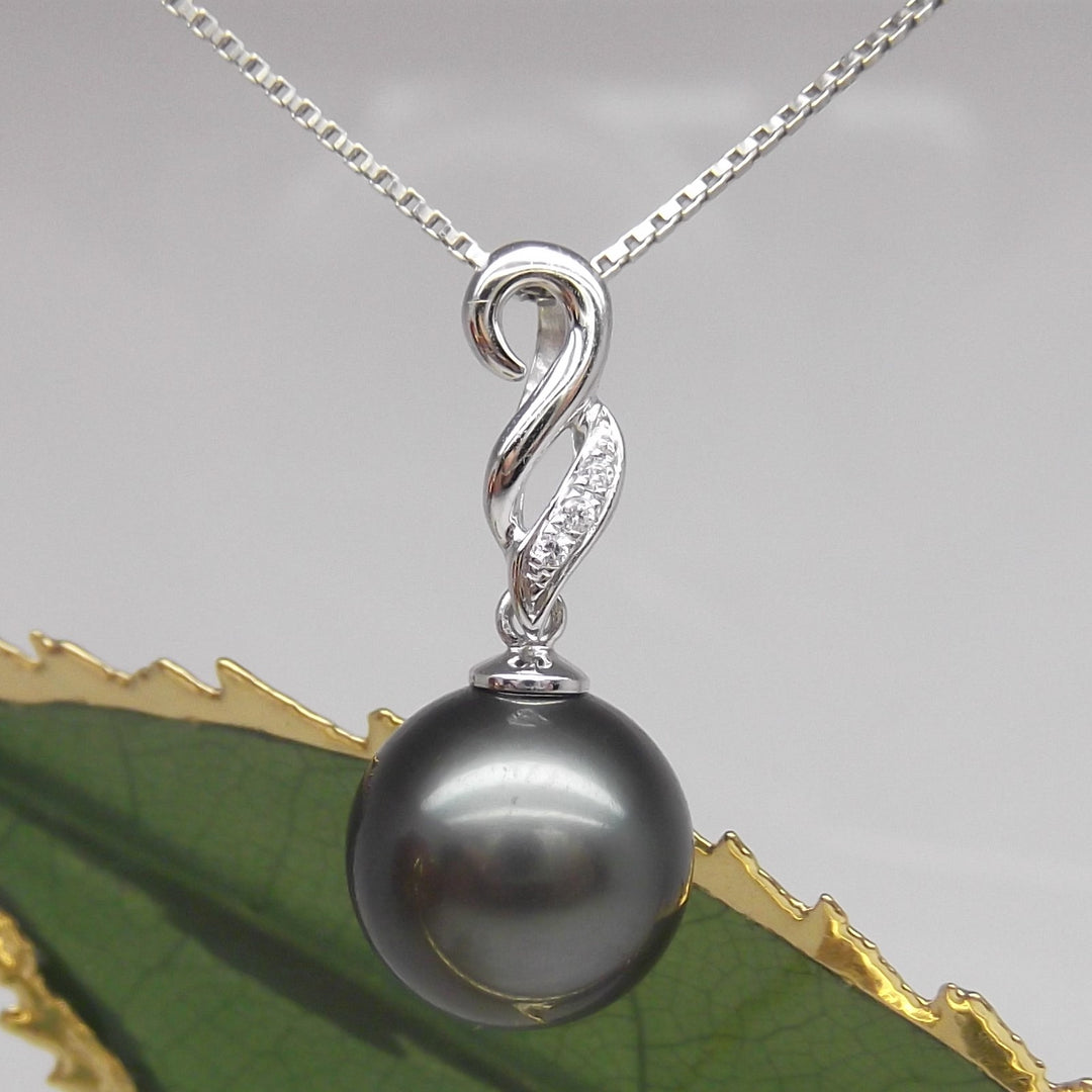 AAAA+ 9.41mm Black Tahitian Pearl Pendant 14K White Gold 0.34g