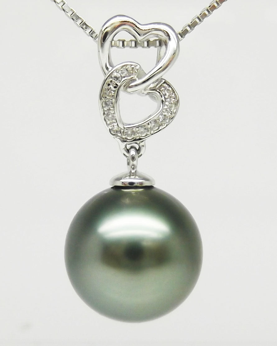 AAAA+ 10.13mm Double Heart Black Tahitian Pearl Pendant 14K White Gold 0.49g