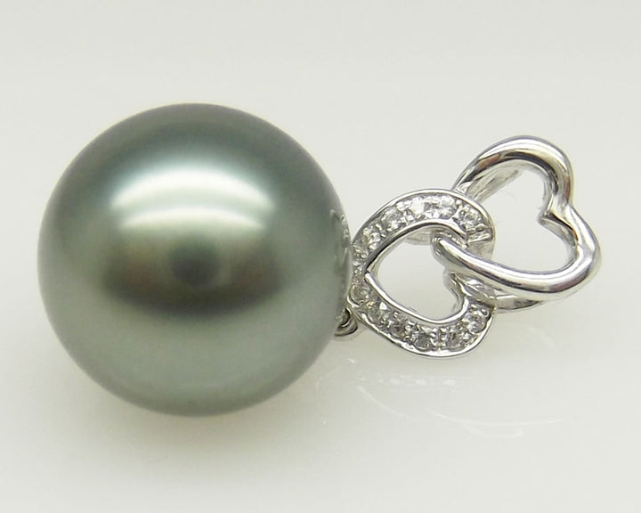 AAAA+ 10.13mm Double Heart Black Tahitian Pearl Pendant 14K White Gold 0.49g