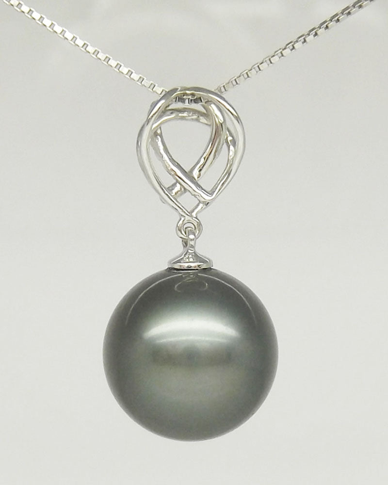 Large AAAA+ 12.39mm Black Tahitian Pearl Pendant 14K Solid White Gold 0.50g