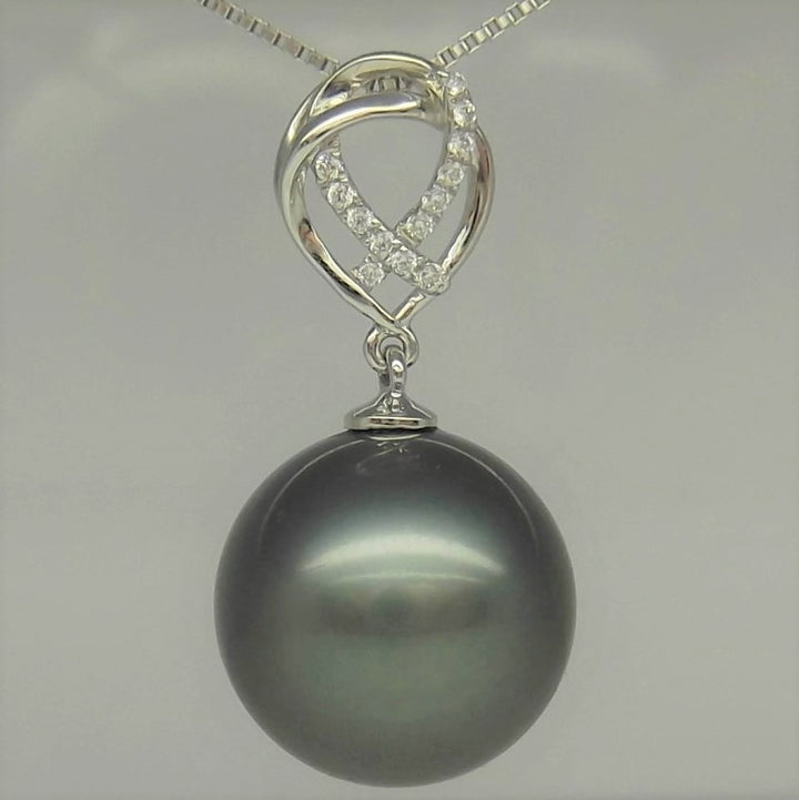 Large AAAA+ 12.39mm Black Tahitian Pearl Pendant 14K Solid White Gold 0.50g