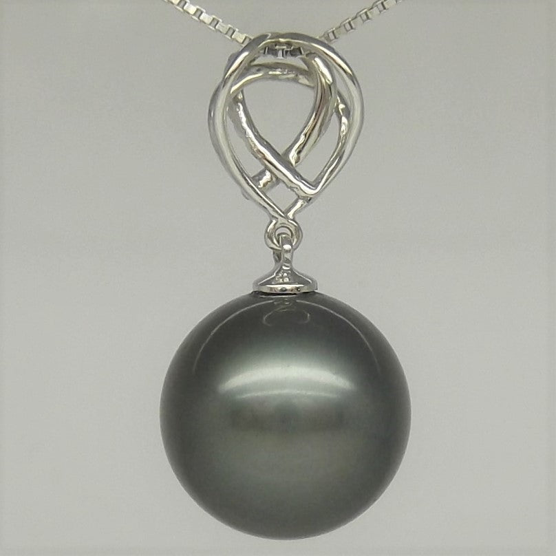 Large AAAA+ 12.39mm Black Tahitian Pearl Pendant 14K Solid White Gold 0.50g