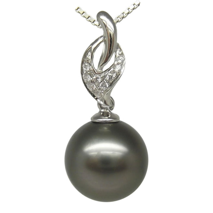 AAAA+ 9.69mm Black Tahitian Pearl Pendant 14K White Gold 0.32g
