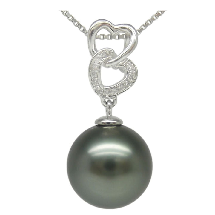 AAAA+ 10.13mm Double Heart Black Tahitian Pearl Pendant 14K White Gold 0.49g