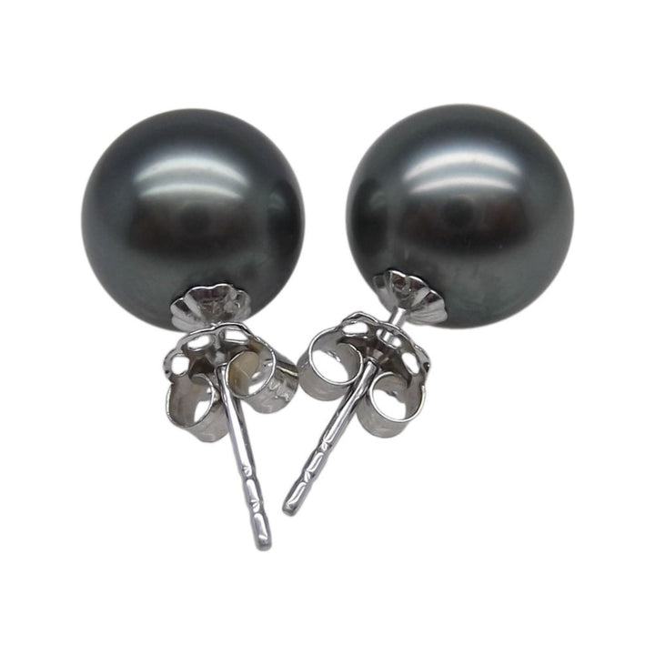 AAAA+ 9.66mm Round Black Tahitian Pearl Stud Earring High Luster 14K Solid White Gold
