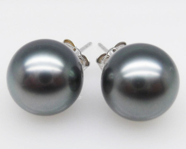 AAAA+ 9.69mm Round Black Tahitian Pearl Stud Earring High Luster 14K Solid White Gold