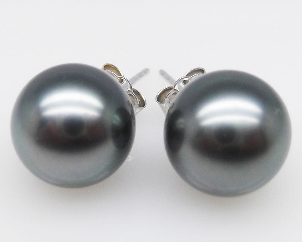 AAAA+ 9.66mm Round Black Tahitian Pearl Stud Earring High Luster 14K Solid White Gold