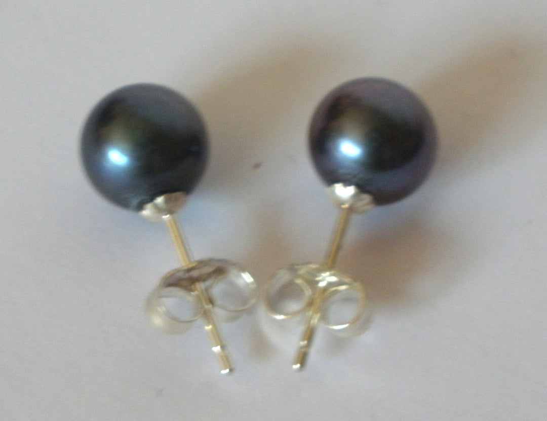 Sterling Silver Round Black Pearl Stud Earrings