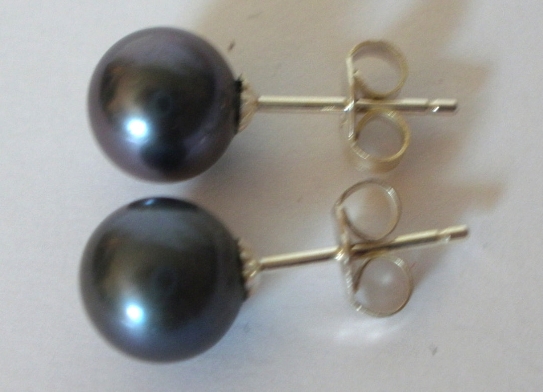Sterling Silver Round Black Pearl Stud Earrings