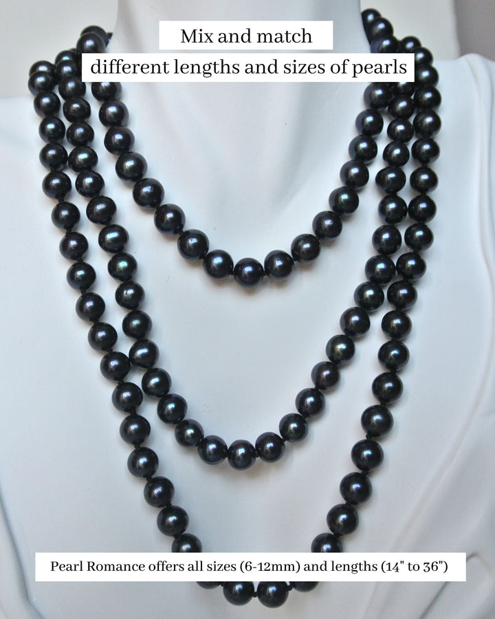 Long 24 Inch ROUND Black Pearl Set Necklace Bracelet Earrings