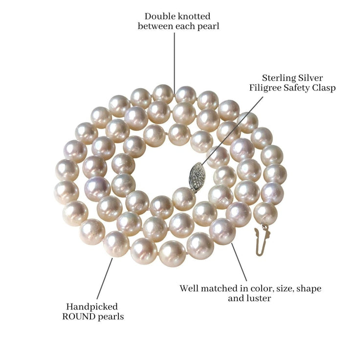 Sterling Silver Clasp 18 Inch ROUND White Pearl Necklace for Men