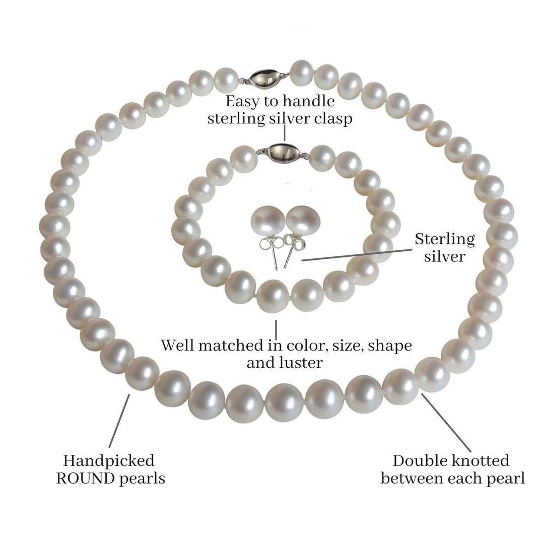 16 Inch ROUND White Pearl Set Necklace Bracelet Earrings Choker Set